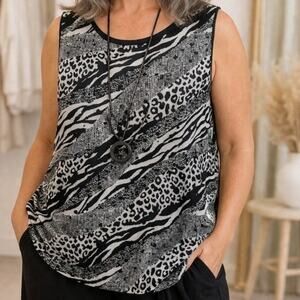 Libra Sleeveless Top L Large Black Animal Print Textured Knit Pullover Stretch